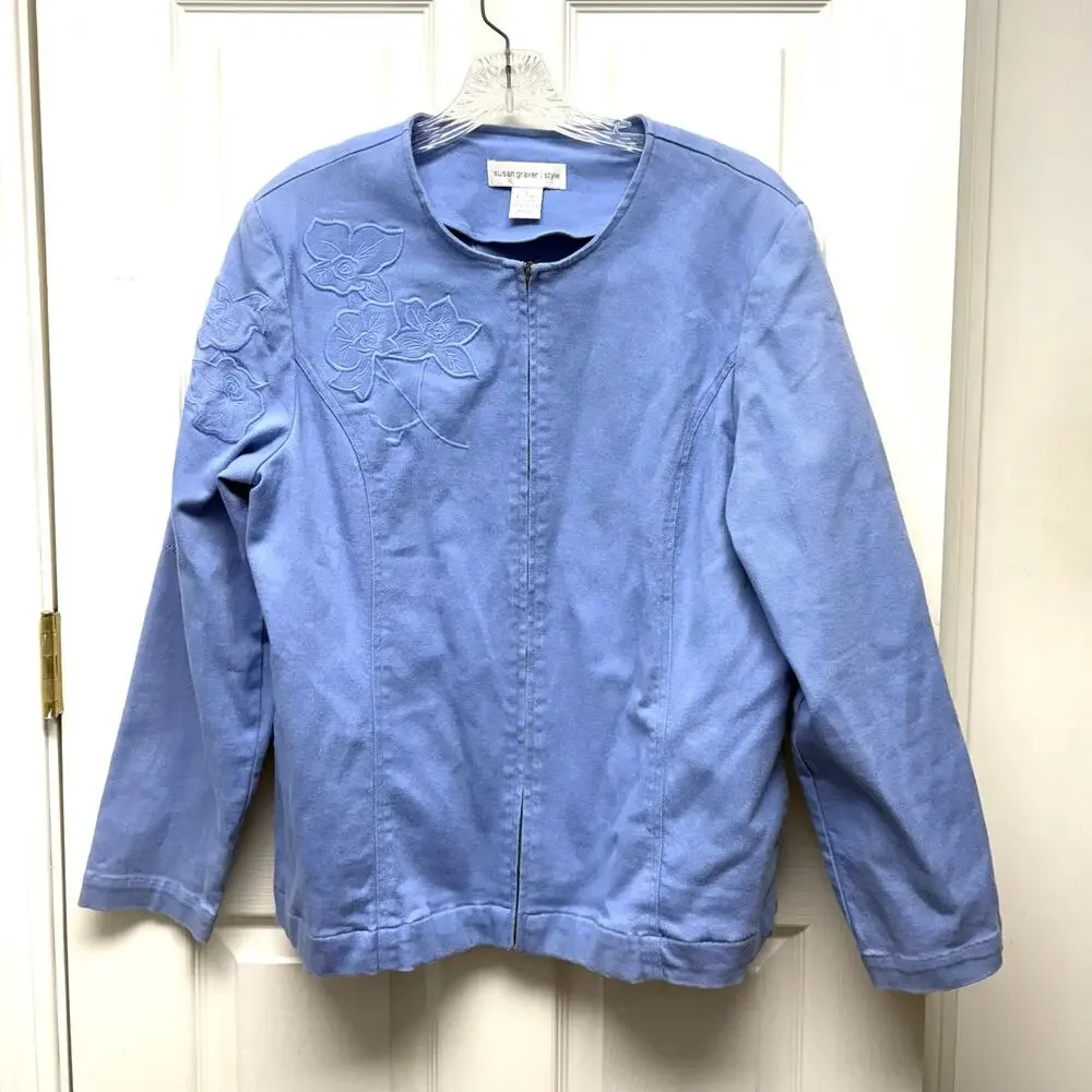 Cotton Jacket Floral Applique Blue Stretch Zip Up Collarless Women's Size L